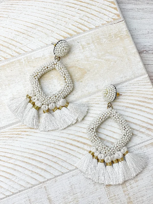 Hoop earrings with a matte black finish for a sleek, edgy vibe-Seed Bead Fringe Dangle Earrings - White