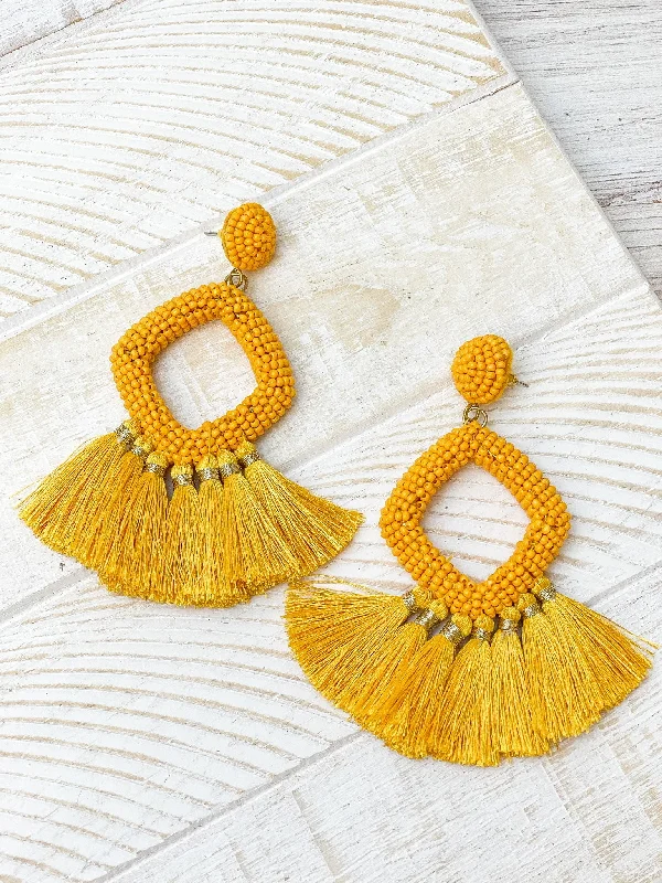 Best hoop earrings with snake-inspired designs for an edgy and fierce vibe-Seed Bead Fringe Dangle Earrings - Yellow