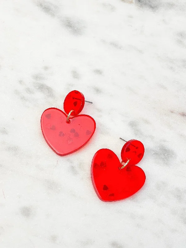 Hoop earrings with pearl accents for a chic and classic style-Silver Confetti Heart Dangle Earrings - Red