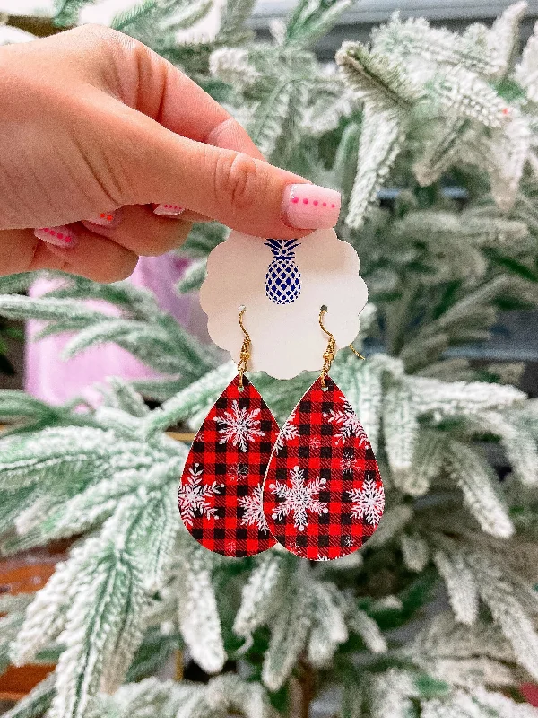 Hoop earrings with leather accents for a sleek and bold combination-Snowflakes Printed Teardrop Dangle Earrings - Red Buffalo Check