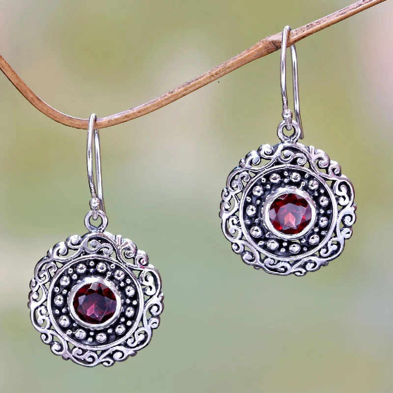 Best hoop earrings with baroque pearls for a luxurious and elegant vibe-Solar Flares Round Sterling Silver and Garnet Dangle Earrings