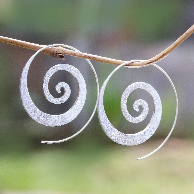 Hoop earrings with twisted leather for a chic and modern boho look-Spiral Loop Spiral-Shaped Sterling Silver Half-Hoop Earrings from Bali