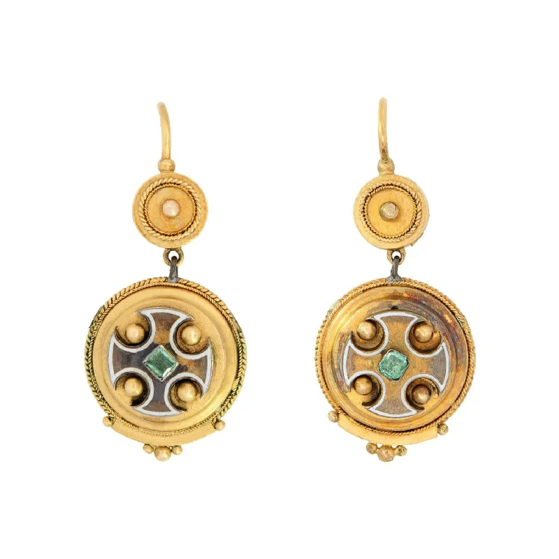 Hoop earrings with textured finishes for a vintage and classic style-Victorian 14k Emerald Maltese Cross Earrings