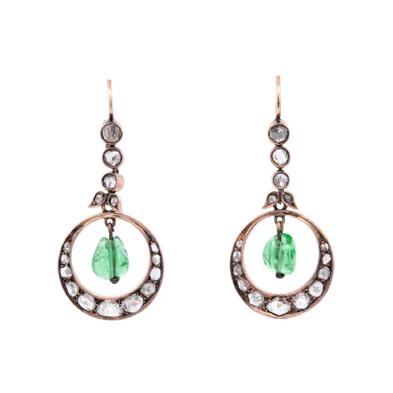 Hoop earrings with faceted crystals for added sparkle and shine-Victorian 15k Diamond and Emerald Dangle Earrings 2ctw