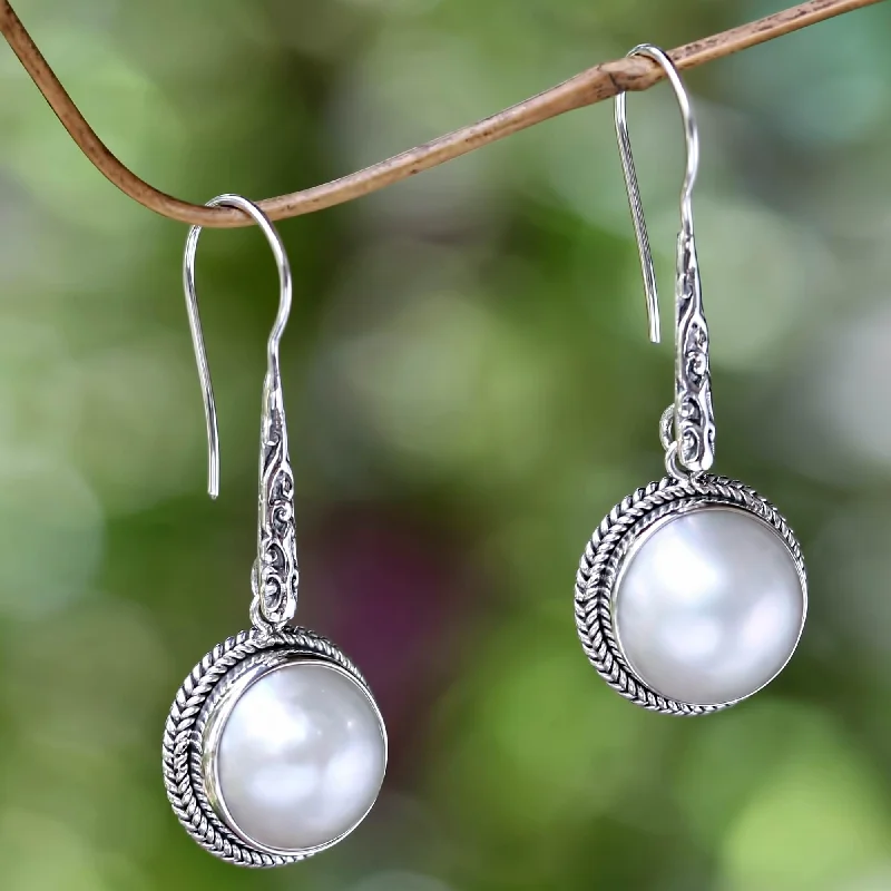 Best hoop earrings with infinity designs for a timeless and meaningful symbol-White Camellia Cultured Mabe Pearl Dangle Earrings from Bali