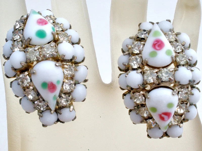 Best hoop earrings with vintage rhinestone embellishments for a retro-glam effect-White Milk Glass Rhinestone Pink Rose Earrings Vintage