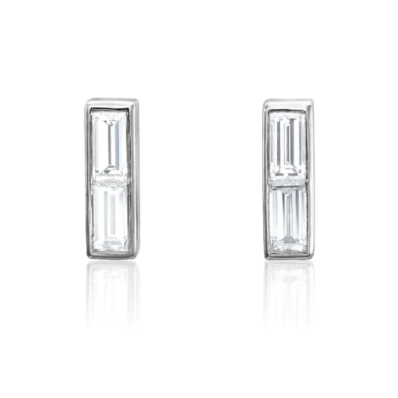 Stud Earrings with Enamel -Double Baguette Diamond Bezel Set Bar Stud Earrings