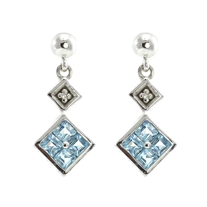 Magnetic Closure Stud Earrings for Easy -14k white gold princess cut blue topaz and diamond stud earrings