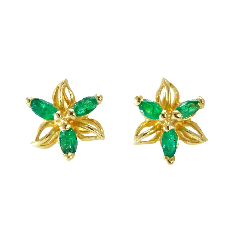 Hippie Stud Earrings with Beads -14K Gold Marquise & Emerald Stud Earrings