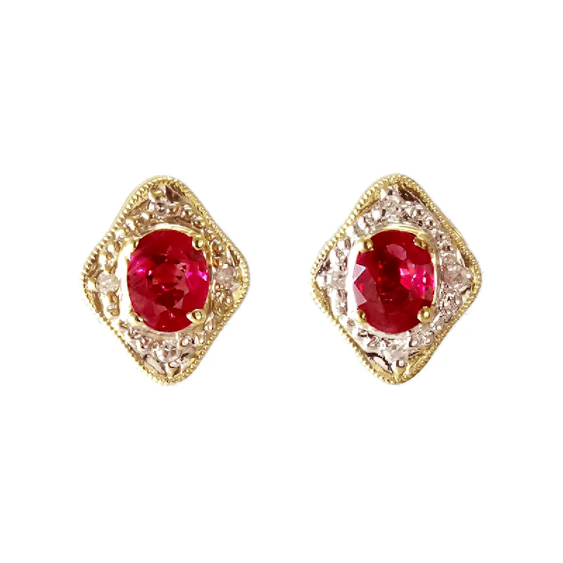 Ethnic Stud Earrings with Tribal Design -14k yellow gold oval ruby and diamond stud earrings