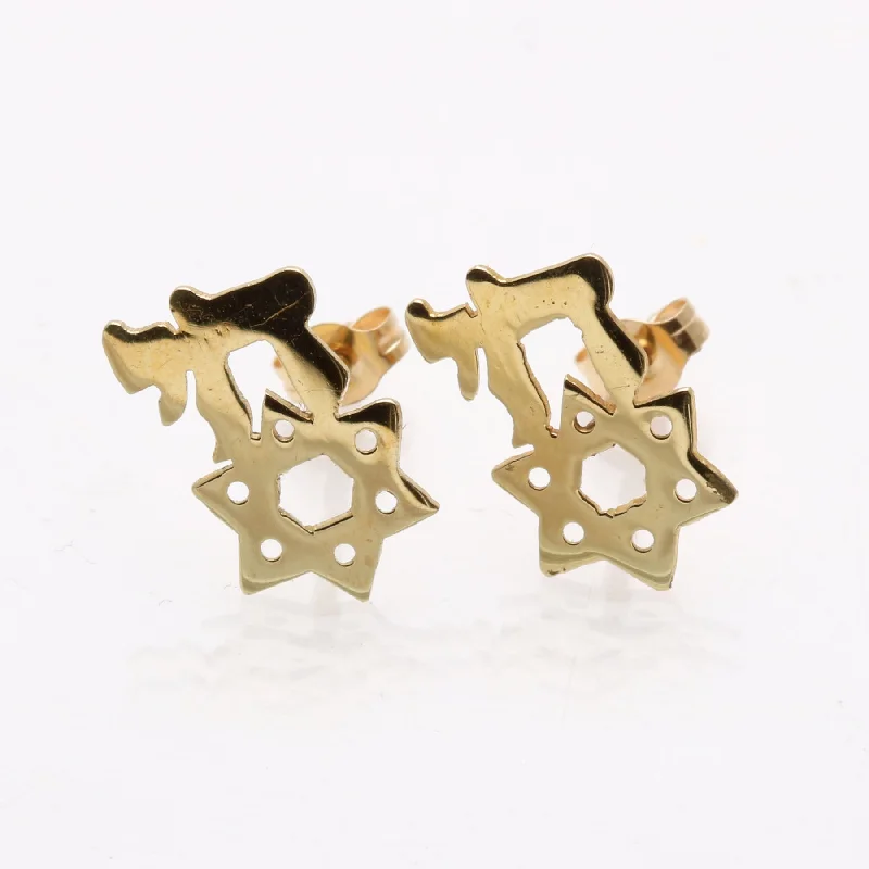 Gold Stud Earrings for Women -14k Yellow gold Star of David Chai Stud Earrings