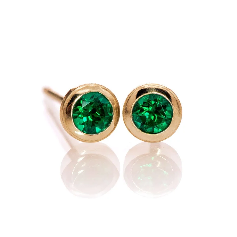 Hypoallergenic Stud Earrings for Sensitive -3mm Round Lab Emerald Martini Bezel Stud Earrings