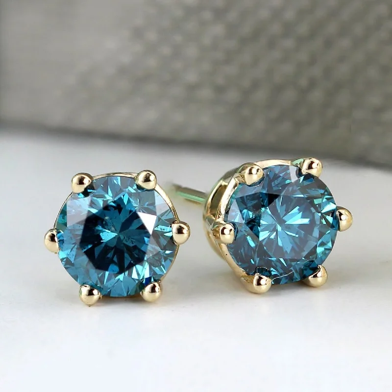 Bohemian Stud Earrings with Tassels -Auriya 1 1/2ctw Round Blue Diamond Stud Earrings 14k Gold 6-Prong (SI2-SI3)