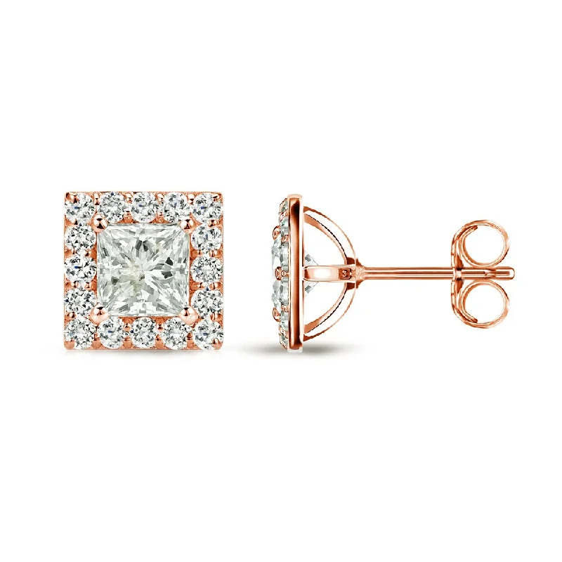 Stud Earrings with Crystals -Auriya 14k Rose Gold 3/4ct TDW Princess-Cut Diamond Halo Stud Earrings (I-J, I1-I2)