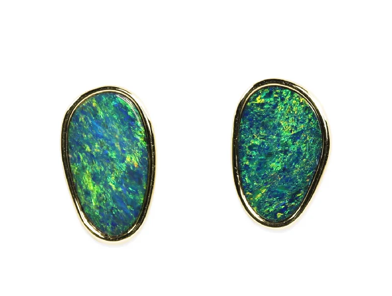 Stud Earrings with Textured Surface -Australian Opal Doublet Stud Earrings in 14K Yellow Gold