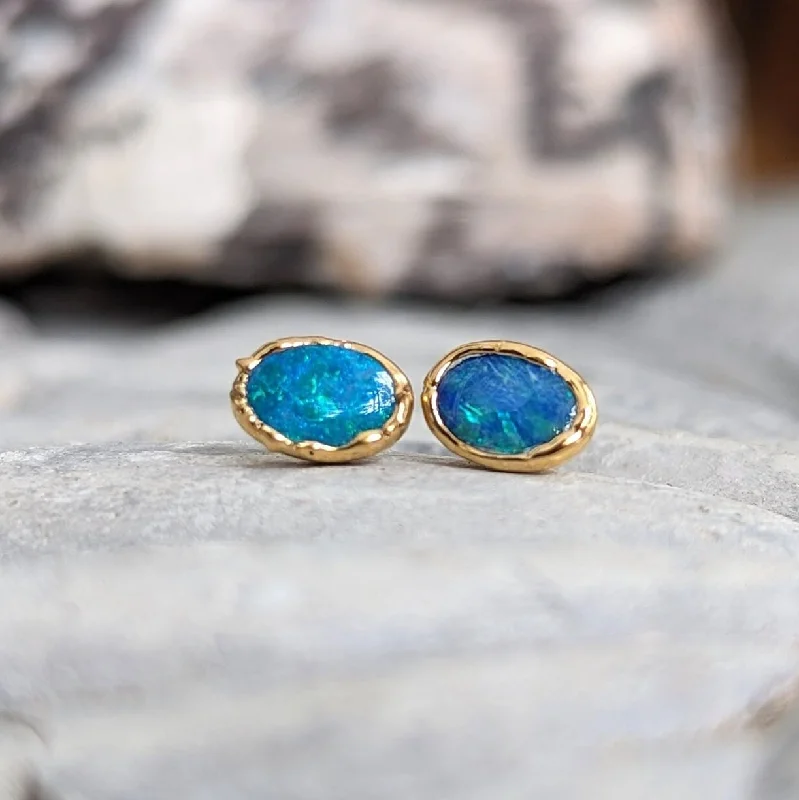 Double Stud Earrings for Impact -Blue Australian Opal stud earrings in 18k Gold