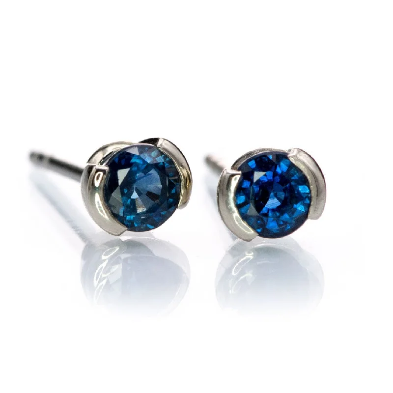 Stud Earrings for Office Wear -Blue Sapphire 14k Gold Half Bezel Stud Earrings