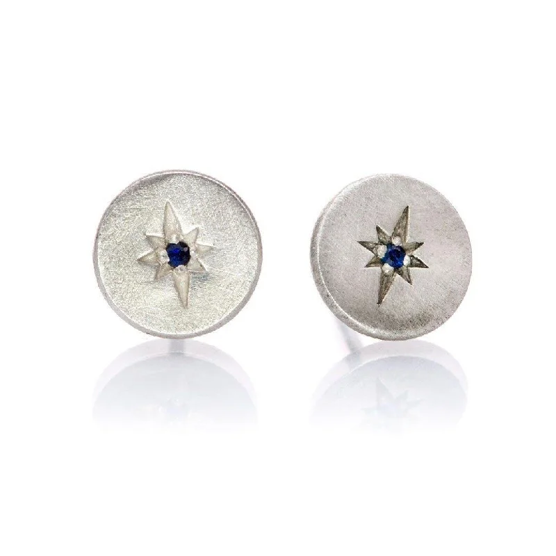 Stud Earrings for Work Attire -Blue Sapphire Star Set Round Disk Stud Earrings