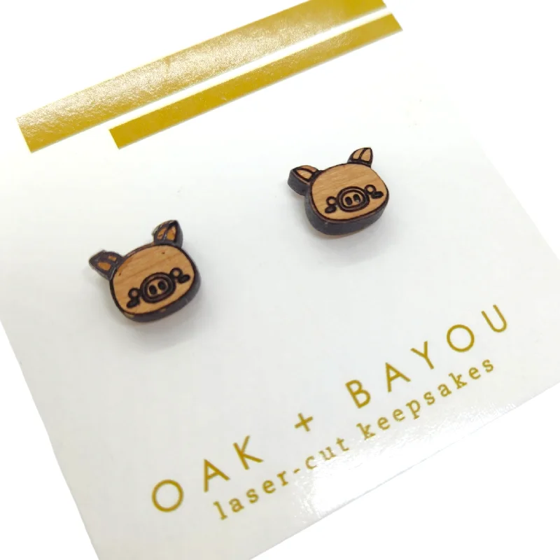 Waterproof Stud Earrings for Outdoor -Cutie Piggy Wood Stud Earrings