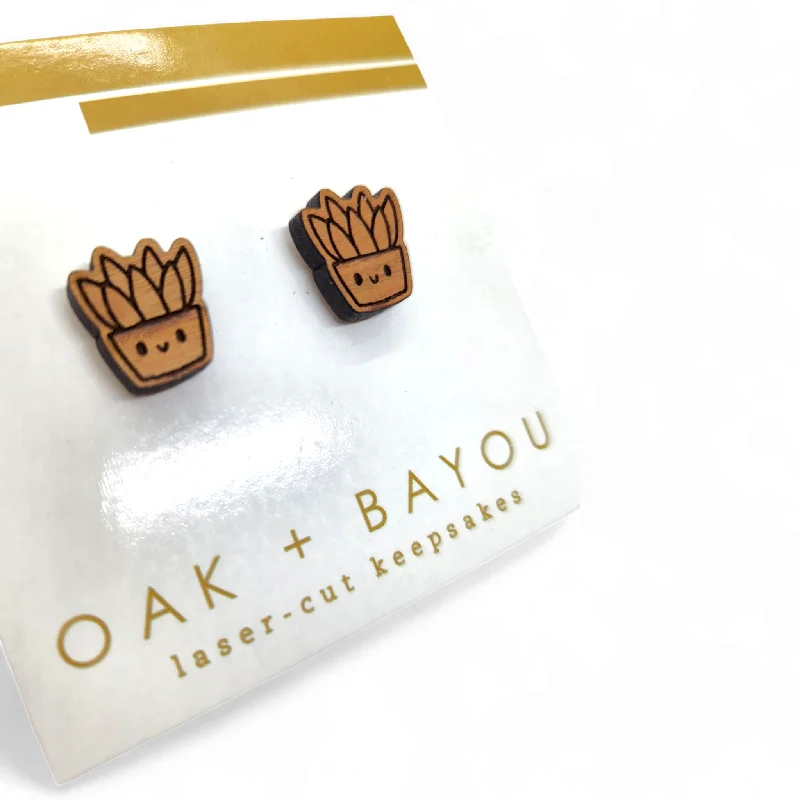 Ethnic Stud Earrings with Tribal Design -Cutie Happy Succulent Wood Stud Earrings