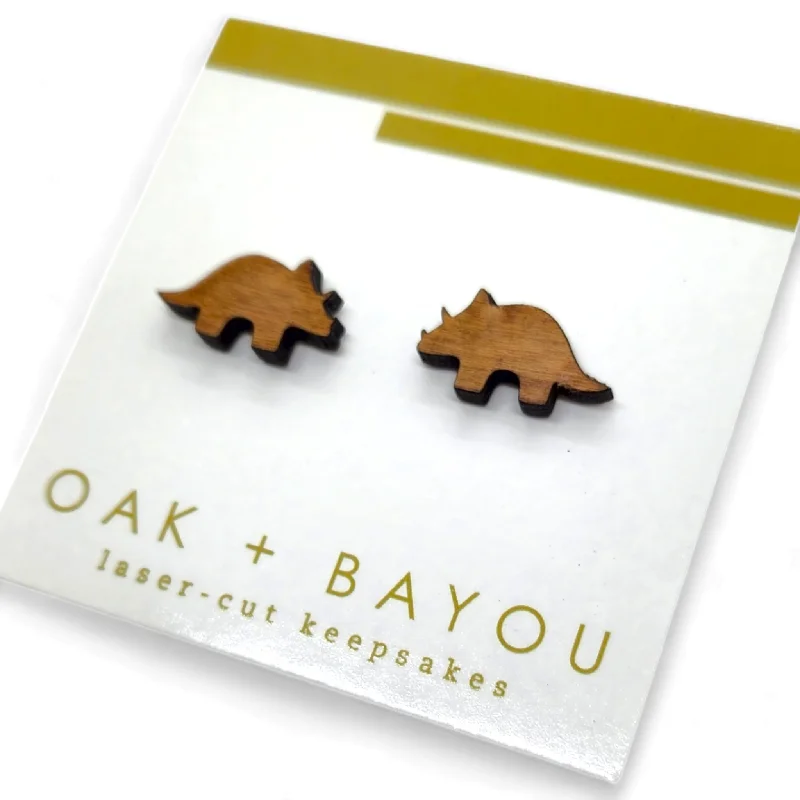 Stud Earrings with Etching -Cutie Triceratops Wood Stud Earrings