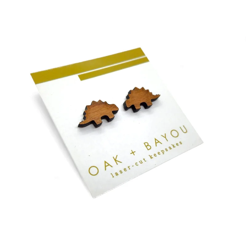 Push Back Stud Earrings for Convenience -Cutie Stegosaurus Wood Stud Earrings