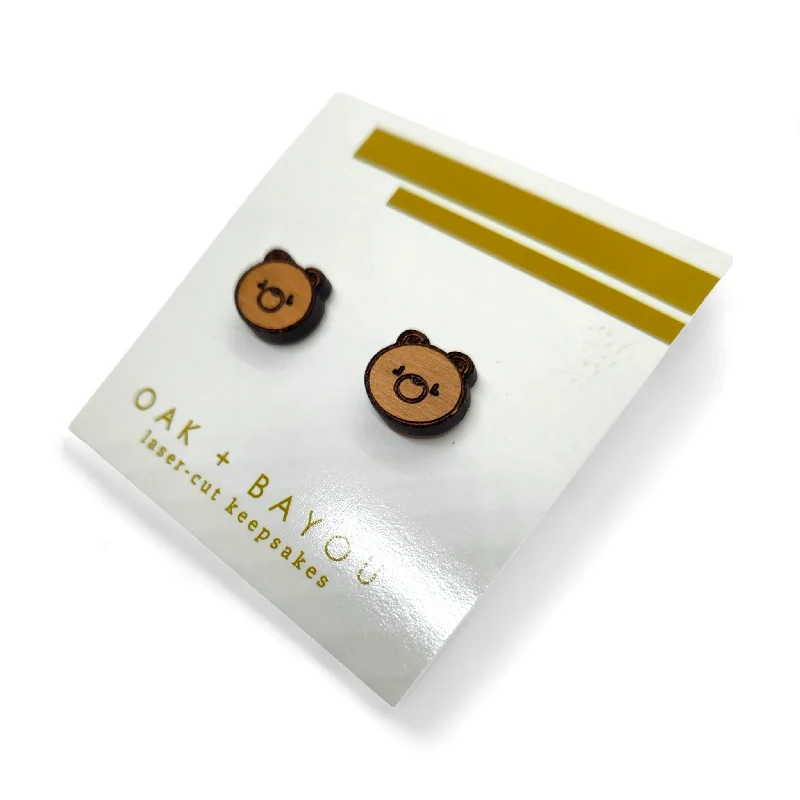 Stud Earrings with Rhinestones -Cutie Teddy Wood Stud Earrings