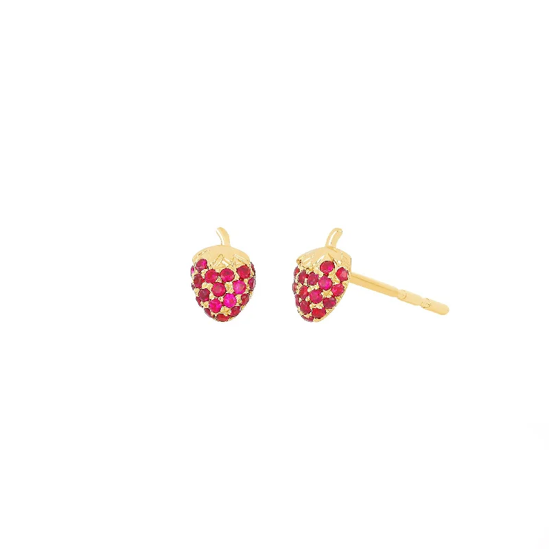 Stud Earrings with Keyhole Designs -Mini Strawberry Stud Earrings - Yellow Gold