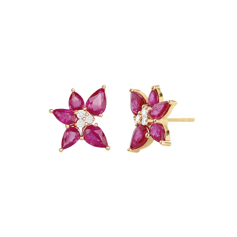 Stud Earrings with Crown Designs -Trio Cluster Ruby Stud Earrings - Yellow Gold