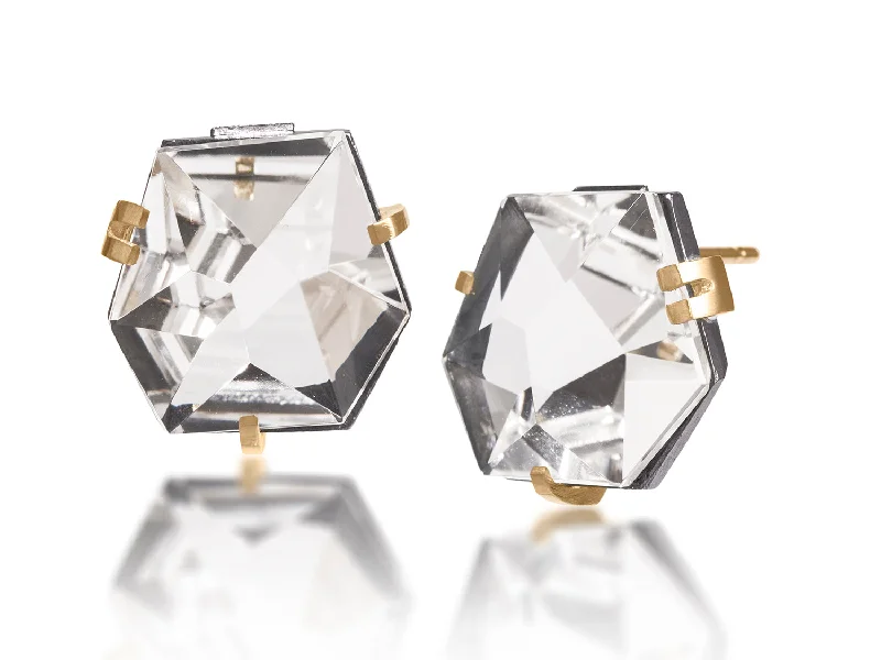 Multi Stud Earrings with Chains -Faceted Colorless Quartz Stud Earrings (Small)