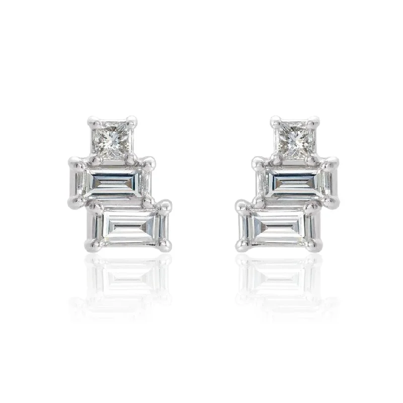 Stud Earrings for Festival Style -Geometric Art Deco Inspired Baguette and Princess Diamond Cluster Stud Earrings