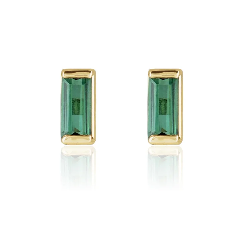 Stud Earrings with Crystals -Green Tourmaline Channel-set Baguette Gold or Platinum Stud Earrings