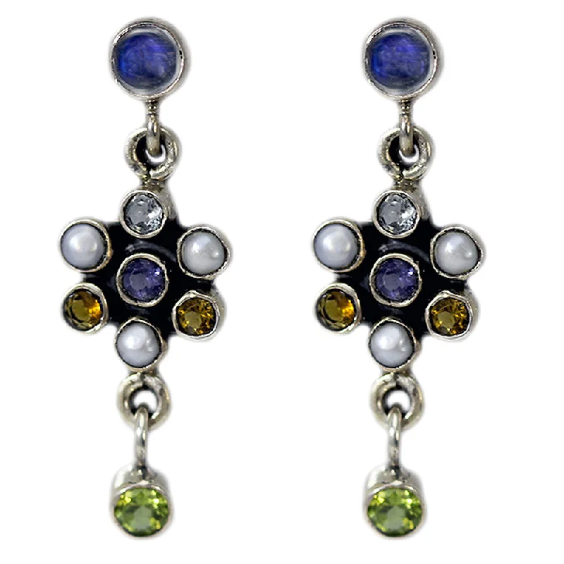 Stud Earrings with Pearls and Diamonds -Handmade Six Gemstone Dangling Stud Earrings