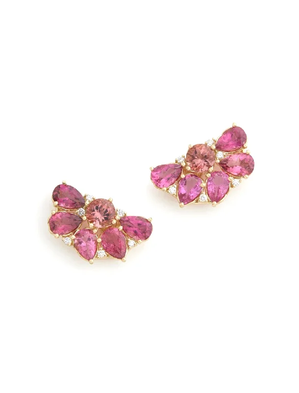 Hypoallergenic Stud Earrings for Sensitive -Floral Cluster, 18K Yellow Gold, Pink Tourmaline + Diamond Stud Earrings