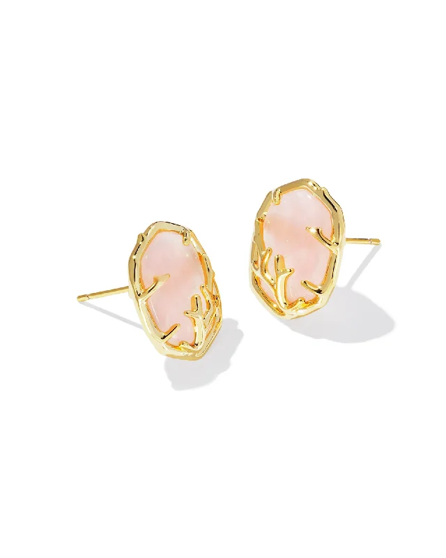 Stud Earrings with Wave Designs -Kendra Scott - Daphne Coral Frame Stud Earrings - Gold Rose Quartz