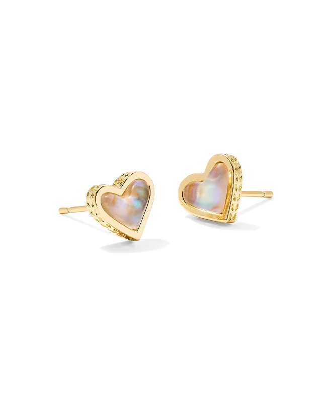 Stud Earrings with Keyhole Designs -Kendra Scott - Framed Ari Heart Gold Stud Earrings - Iridescent Abalone