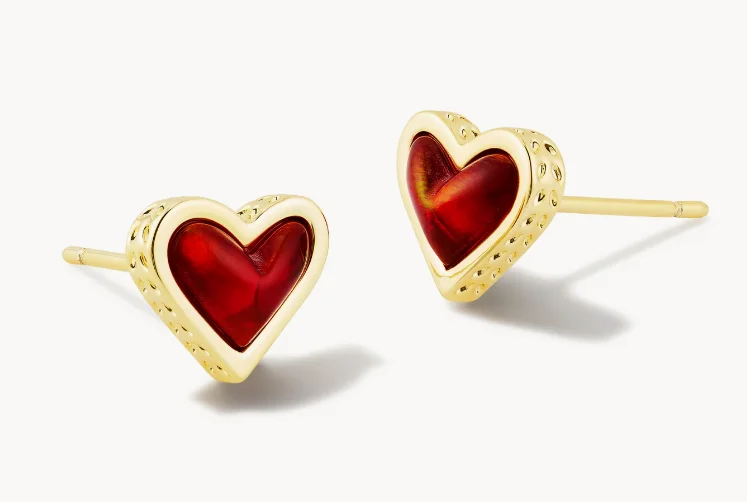 Stud Earrings with Animal Motifs -Kendra Scott - Framed Ari Heart Stud Earrings - Gold Red Opalescent Resin