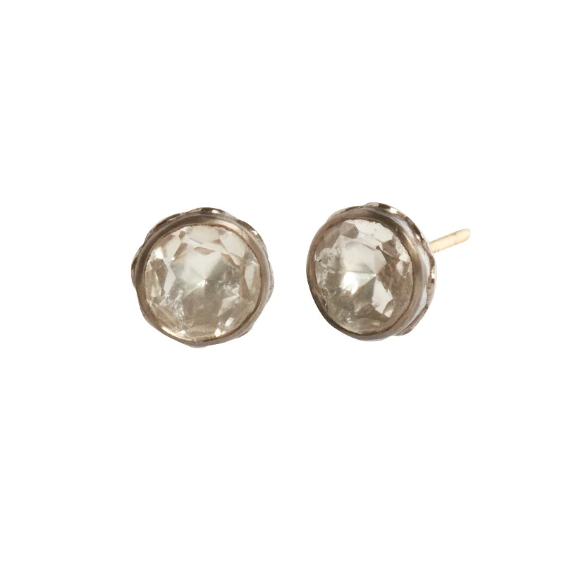 Stud Earrings with Crown Designs -Catherine Round Stud Earrings - Sterling Silver - White Quartz