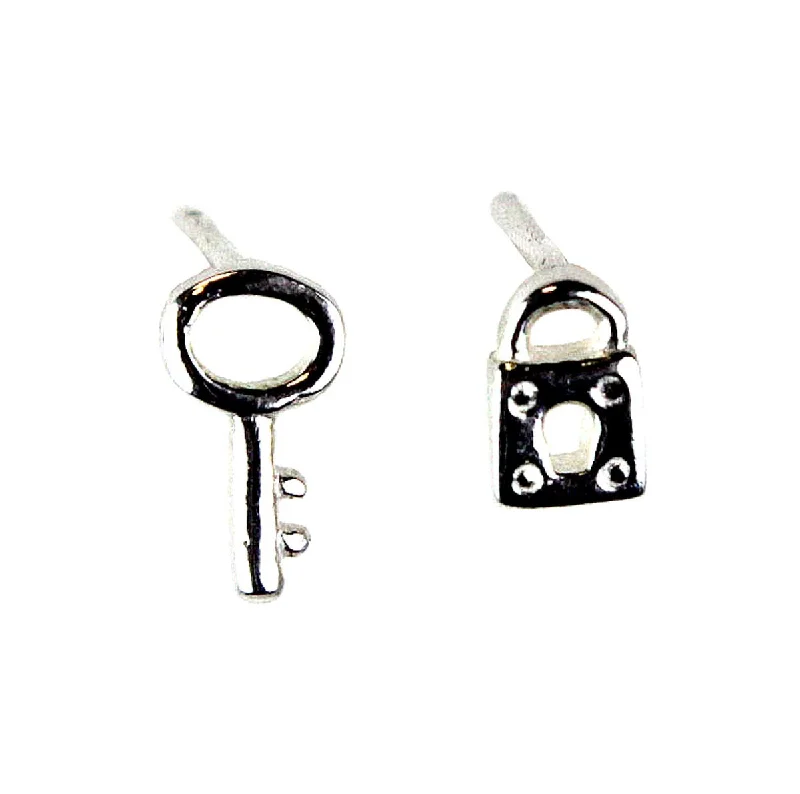 Clip On Stud Earrings for Non Pierced -Lock and Key Stud Earrings .925