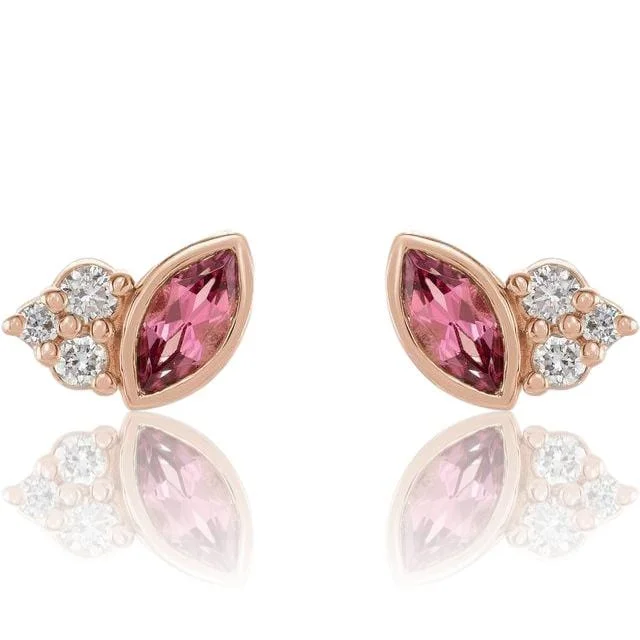 Large Stud Earrings for Statement -Marquise Pink Tourmaline & Diamond Cluster Gold or Platinum Leaf Stud Earrings