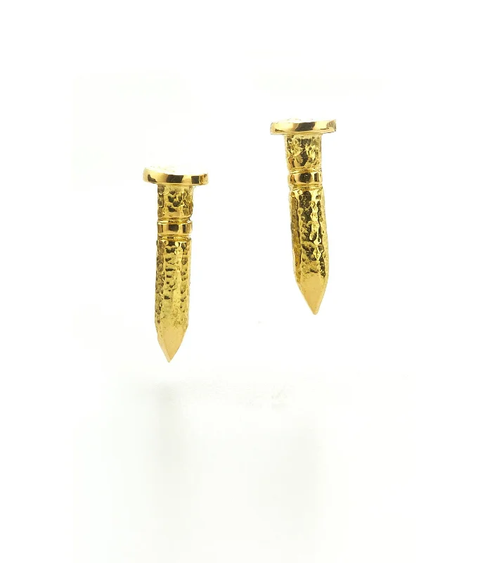 Stud Earrings with Debossed Designs -Nail Stud Earrings, Hammered 18K Gold