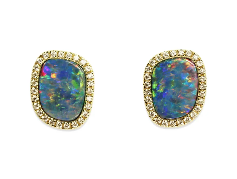 Celtic Stud Earrings with Knotwork -Australian Opal Doublet and Diamond Stud Earrings in 14K Yellow Gold