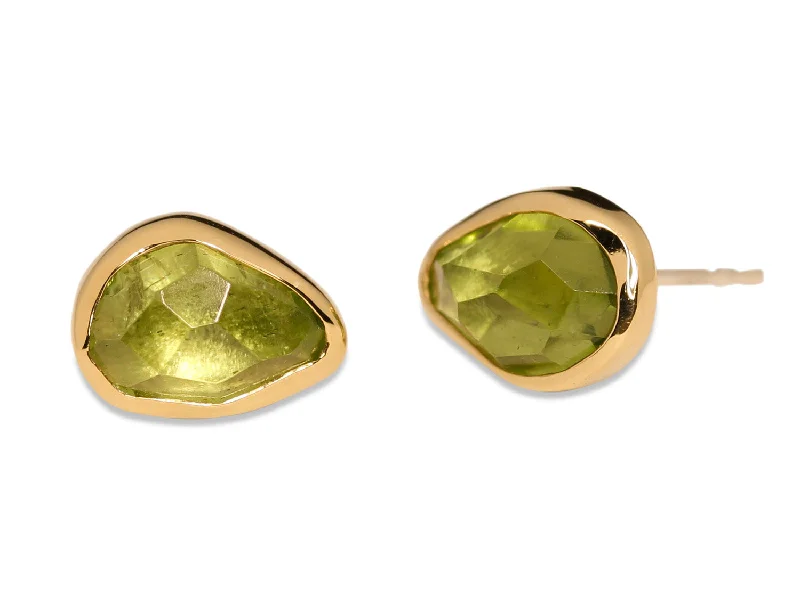 Ethnic Stud Earrings with Tribal Design -Bezel Set Peridot Stud Earrings