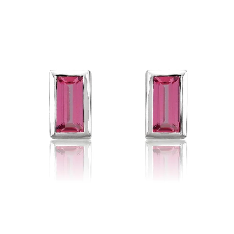 Stud Earrings with Chevron Designs -Pink Tourmaline Bezel-set Baguette Gold or Platinum Stud Earrings