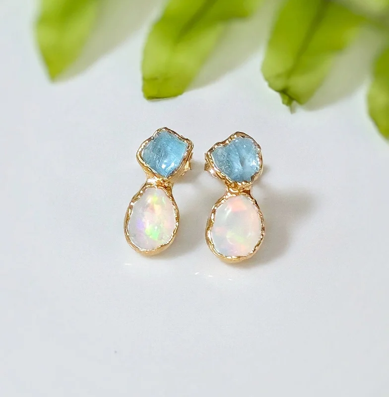 Stud Earrings for Wedding Ceremony -Raw Aquamarine and Opal stud earrings