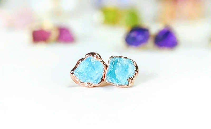 Stud Earrings with Abstract Designs -Raw Aquamarine stud earrings