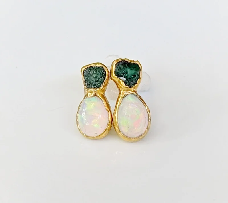 Stud Earrings for Beach Outfit -Raw Emerald and Opal stud earrings