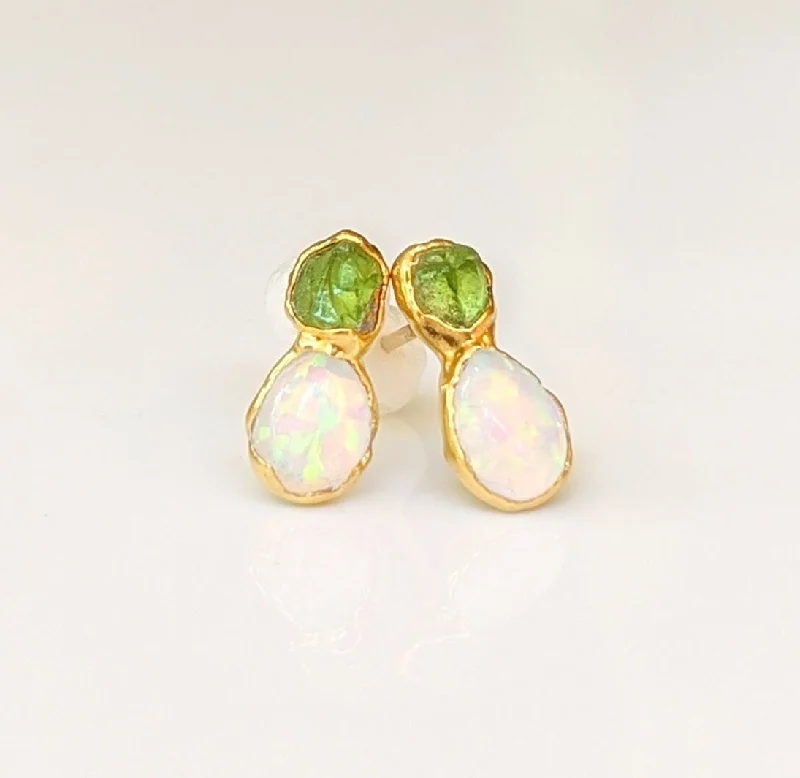 Stud Earrings for Office Wear -Raw Peridot and Opal stud earrings