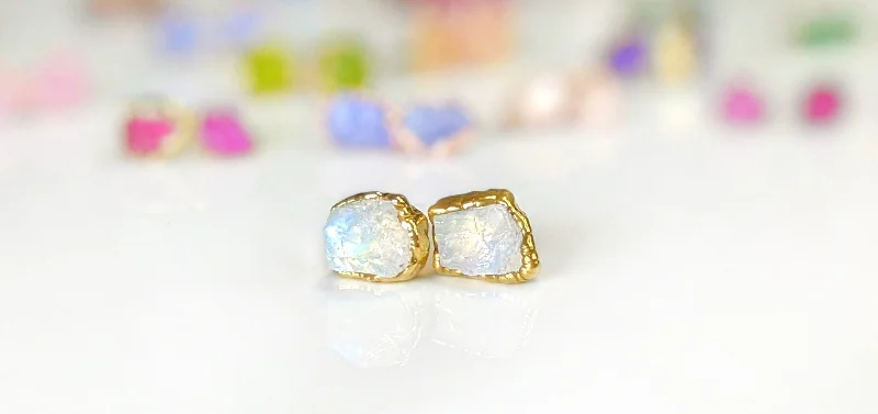 Stud Earrings with Gemstones and Beads -Raw Moonstone stud earrings