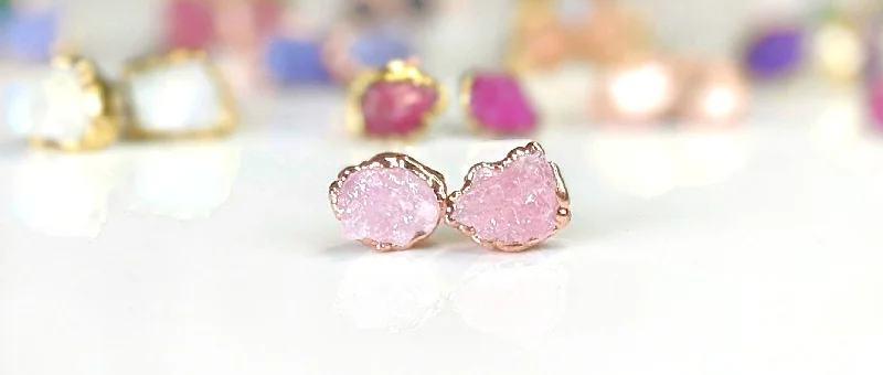 Stud Earrings with Crystals -Raw Rose Quartz stud earrings